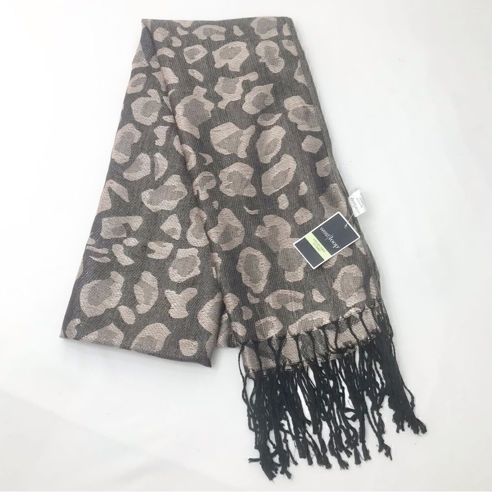 West Loop Black Taupe Metallic Leopard Print Jacquard Fringe Scarf NEW